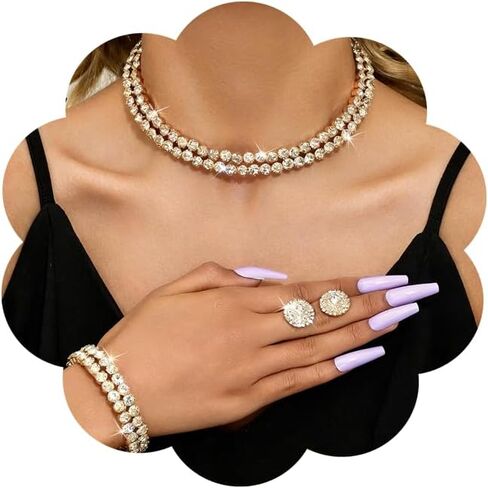 Rhinestone Jewelry Set for Women Elegant Sparkly Rhinestone Necklace Earrings Bracelet Crystal Bridal Wedding Prom Party Jewelry Set in Saudi Arabia