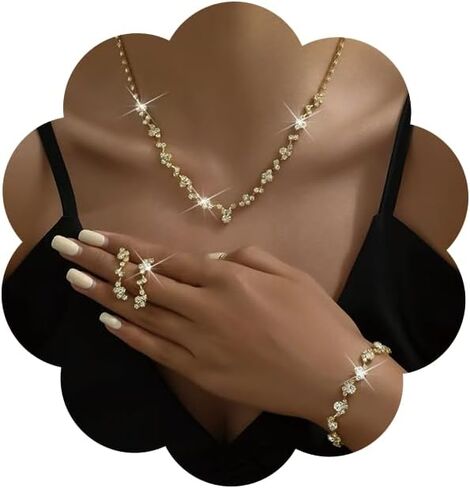 Rhinestone Jewelry Set for Women Elegant Sparkly Rhinestone Necklace Earrings Bracelet Crystal Bridal Wedding Prom Party Jewelry Set in Saudi Arabia