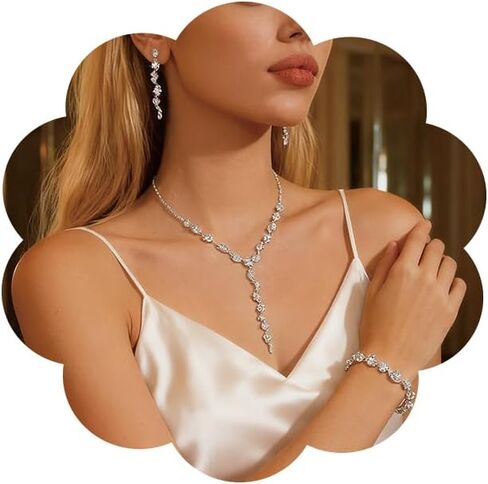 Rhinestone Jewelry Set for Women Elegant Sparkly Rhinestone Necklace Earrings Bracelet Crystal Bridal Wedding Prom Party Jewelry Set in Saudi Arabia