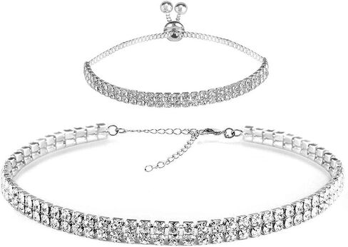 مجموعة قلادات من حجر الراين مجموعة من الفضة البراقة والألماس وقلادة على شكل سوار تنس للنساء in Kuwait