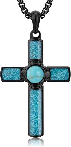 Amethyes Cross Necklace for Men with Black Adjustable Box Chain Natural Stone Pendant Necklace Religious Jewelry For Everyday Wear in Saudi Arabia
