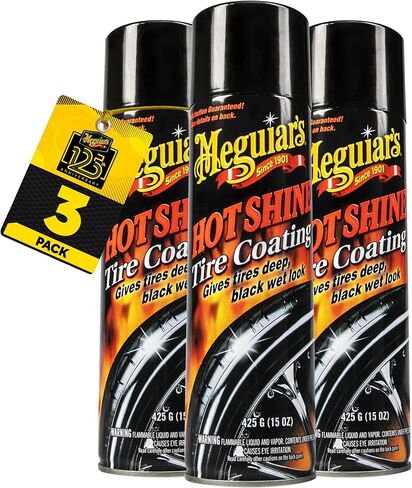 طلاء الإطارات عالي اللمعان Hot Shine من Meguiar - احصل على حماية طويلة الأمد للإطارات وإطارات لامعة بمظهر مبلل، 3 عبوات من علب الأيروسول بوزن 15 أونصة in Kuwait