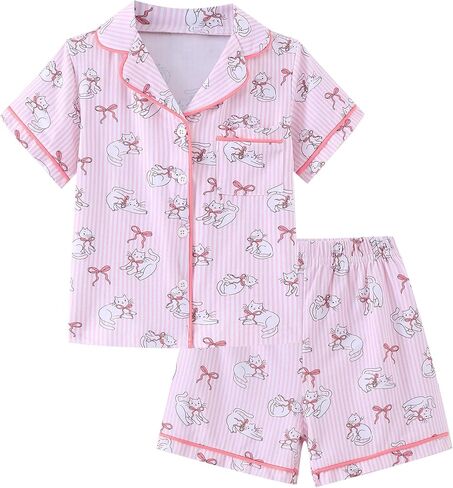 Mikrdoo Girls Pajamas Toddler Cotton Soft Button Down Short Sleeve Pjs Set Summer Sleepwear for Little Kids Size 2-7 in Saudi Arabia