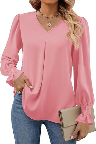 Women's 2025 Long Sleeve Tops Dressy Casual V Neck Tunic Shirts Loose Chiffon Work Blouse in Saudi Arabia