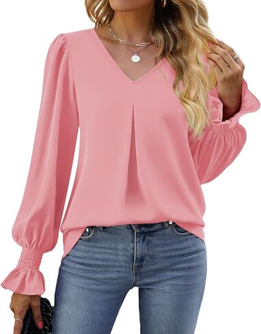 Women's 2025 Long Sleeve Tops Dressy Casual V Neck Tunic Shirts Loose Chiffon Work Blouse in Saudi Arabia