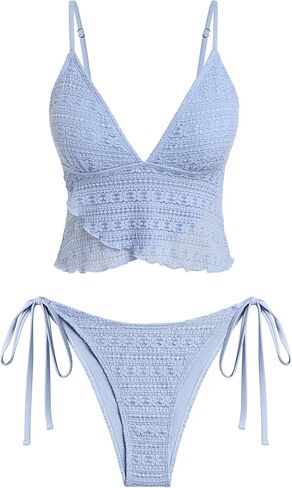 ZAFUL إمرأة 2 قطعة Tankini المايوه الدانتيل الجاكار البطن التحكم ثوب السباحة عالية قطع ثونغ التعادل الجانب المايوه in Kuwait