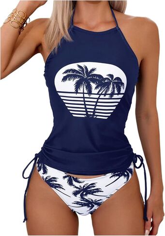 Floerns Women's Tankini Swimsuits Graphic Ruched Drawstring Halter Low Rise 2 Piece Bathing Suit in Saudi Arabia