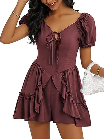 ECOWISH Women Summer Short Romper Puff Short Sleeve Tie Front V Neck Ruffle Cute Rompers Dress Outfits with Pockets in Saudi Arabia