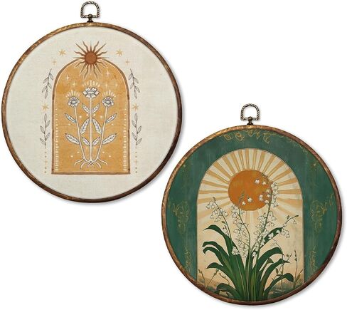 HUGANE Vintage Lily of The Valley Art Nouveau Round Wall Art Decor, Mystical Taurus Sunlit Spiritual Floral Hanging Canvas Framed Prints Wall Sculptures for Home Bedroom Living Room Decor, 10x10 Inch in Saudi Arabia