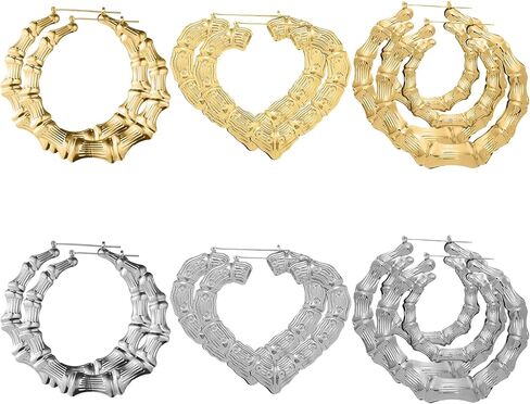 6 Pairs Hoop Bamboo Earrings Set,Earrings for Women 90s,Hollow Casting Earring Accessories for Mothers Day Gifts in Saudi Arabia