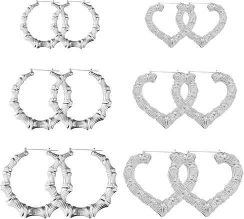 6 Pairs Hoop Bamboo Earrings Set,Earrings for Women 90s,Hollow Casting Earring Accessories for Mothers Day Gifts in Saudi Arabia