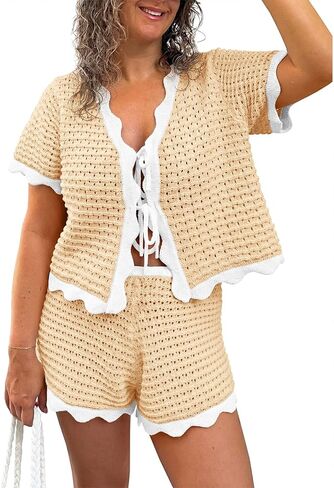 Fisoew Womens 2 Piece Swimsuit Crochet Cover Up Short Sleeve Tops Tie Front Shorts Sets Summer Beach Vacation Outfit in Saudi Arabia