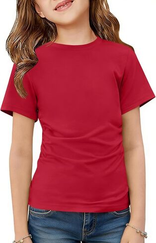 ZDC Girls Short Sleeve T Shirts Kids Summer Crewneck Ruched Tunic Tops Basic Tees 5-14 Years in Kuwait