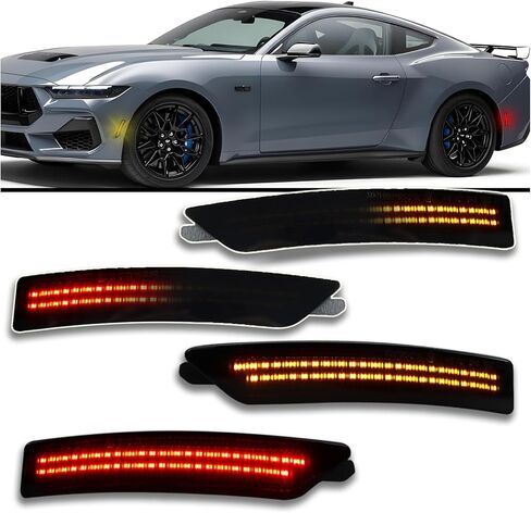 مجموعة إضاءة جانبية LED مدخنة لسيارة فورد موستانج 2024-2025 (EcoBoost/GT/Dark Horse) - إشارات انعطاف متسلسلة ديناميكية (أمامي كهرماني + خلفي أحمر) | 4 قطع بديلة ملائمة مباشرة in Kuwait