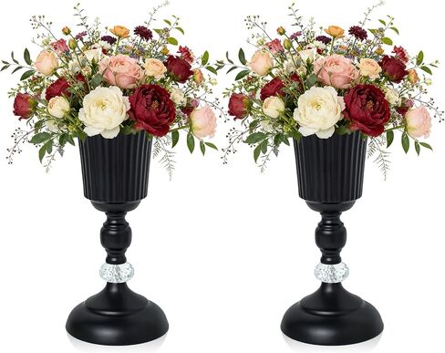 2PCS Silver Metal Flower Trumpet Stripe Vases Crystal Table Centerpieces Artificial Flower Arrangements for Anniversary Celebration/Wedding/Party/Birthday Event Aisle Home Decor in Saudi Arabia