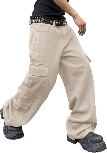 بنطال فضفاض من الدينيم للرجال مع جيوب، متوسط ​​الوزن وواسع الساق، جينز هيب هوب متزلج ملابس الشارع in Kuwait