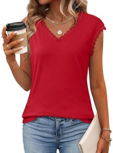JUSTFASHIONNOW قطع علوية بأكمام قصيرة للنساء من الدانتيل ورقبة على شكل V تي شيرت أنيق بلوزات غير رسمية ملابس صيفية لطيفة عصرية 2026 in Kuwait