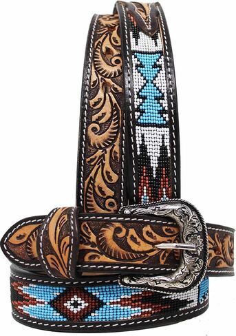 CHALLENGER 27-28 Kids Youth Western Rodeo Floral Tooled Beaded Leather Belt 26RT23C1 in Saudi Arabia