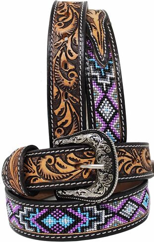 CHALLENGER 27-28 Kids Youth Western Rodeo Floral Tooled Beaded Leather Belt 26RT23C1 in Saudi Arabia