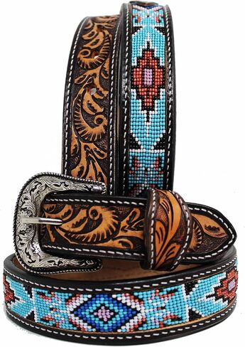 CHALLENGER 27-28 Kids Youth Western Rodeo Floral Tooled Beaded Leather Belt 26RT23C1 in Saudi Arabia