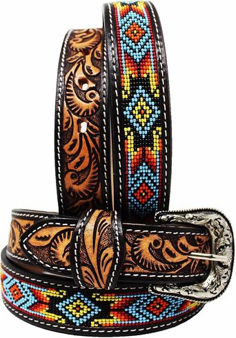 CHALLENGER 27-28 Kids Youth Western Rodeo Floral Tooled Beaded Leather Belt 26RT23C1 in Saudi Arabia