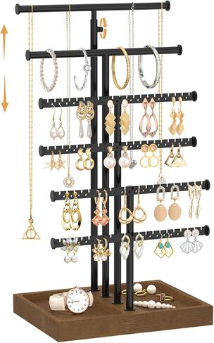MODOWEY Earring Necklace Holder Organizer Jewelry Stand, Wood Rotating Display Tree for Vendor Selling, Tiered Tower Rack for Pierced Stud Bracelet 90+ Pieces Storage, Easy Access for Women, Black in Saudi Arabia