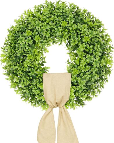 Vlorart 32" Faux Boxwood Wreath, Artificial Large Boxwood Wreaths Front Door, Spring Summer Waterproof Green Wreath Hanging with A Bow for Wall Farmhouse Outside Window Wedding Party Decor Year Round in Saudi Arabia