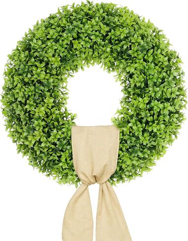 Vlorart 32" Faux Boxwood Wreath, Artificial Large Boxwood Wreaths Front Door, Spring Summer Waterproof Green Wreath Hanging with A Bow for Wall Farmhouse Outside Window Wedding Party Decor Year Round in Saudi Arabia