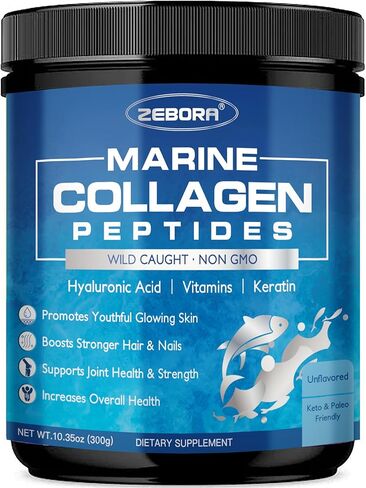 ZEBORA Marine Collagen Peptides Powder with Hyaluronic Acid, Keratin - Wild Caught Hydrolyzed Fish Collagen with Multivitamins - Support Skin Hair Nail, Keto Friendly, 35 Servings in Saudi Arabia