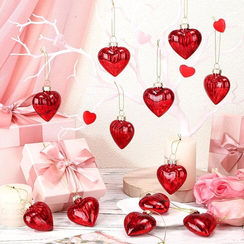 Potchen 12 Pcs Valentines Heart Mercury Glass Ornaments Burgundy Red Light Pink Dark Pink Heart Shaped Crystal Hanging Ornaments Bulk Mini Glass Hanging Decorations for Valentines Party Wedding Tree in Saudi Arabia