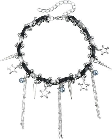 Punk Choker Necklace for Women Men Tassel Black Pearls Beads with Spike Necklace Raven Skull Necklace Gothic Jewelry Gifts in Saudi Arabia