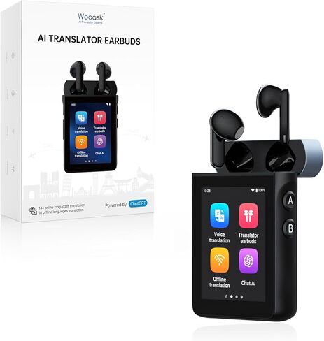 سماعات أذن Wooask A9S AI Translator مع شاشة، مترجم لغة غير متصل بالإنترنت مع ترجمة الكاميرا، يعمل بنظام ChatGPT، لا يتطلب هاتف، لسفر الأعمال العالمية والبدو الرقميين (أبيض) in Kuwait