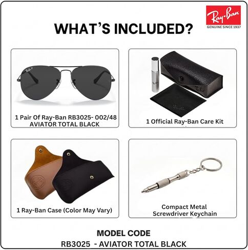 نظارات شمسية Ray-Ban RB3025 Classic Total Black Collection مستقطبة على شكل طيار مع مجموعة أدوات النظارات - وسادات أنف قابلة للتعديل - نظارات شمسية كلاسيكية للارتداء الكاجوال in Saudi Arabia