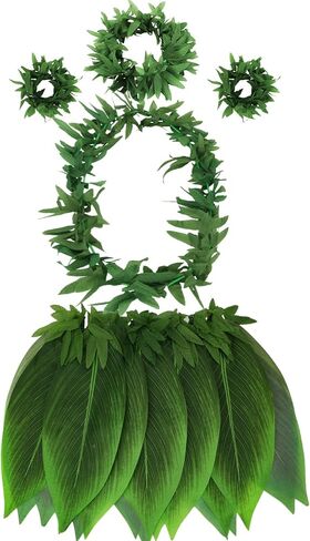 تنورة على شكل أوراق شجر تنانير حولا العشب للبالغين والأطفال أساور على شكل أوراق خضراء من Leis عصابة رأس ملابس هاواي لوا للسيدات للحفلات والكبار in Kuwait