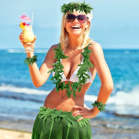 تنورة على شكل أوراق شجر تنانير حولا العشب للبالغين والأطفال أساور على شكل أوراق خضراء من Leis عصابة رأس ملابس هاواي لوا للسيدات للحفلات والكبار in Kuwait