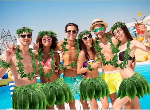 تنورة على شكل أوراق شجر تنانير حولا العشب للبالغين والأطفال أساور على شكل أوراق خضراء من Leis عصابة رأس ملابس هاواي لوا للسيدات للحفلات والكبار in Kuwait