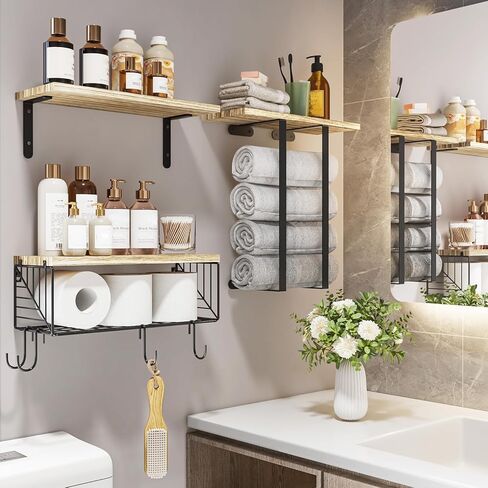 Fixwal Bathroom Floating Shelves Over Toilet Wall Shelves Set with Towel Storage Rack for Bathroom Organization & Wall Decor(Black) in Saudi Arabia