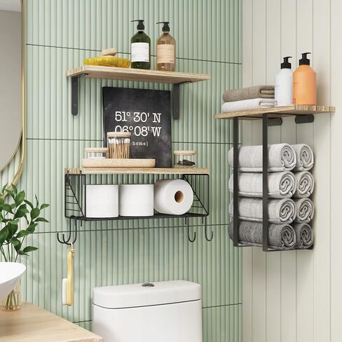 Fixwal Bathroom Floating Shelves Over Toilet Wall Shelves Set with Towel Storage Rack for Bathroom Organization & Wall Decor(Black) in Saudi Arabia