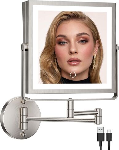 Rechargeable Wall Mounted Makeup Mirror with Lights, 4000mAh Double Sided 1X/10X Magnifying Vanity Mirror with 3 Color Lights, Touch Dimmable, 360° Extension Foldable Arm (Matte Black) in Saudi Arabia
