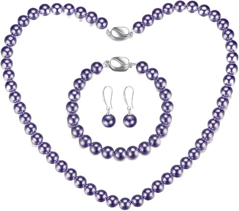 مجموعة مجوهرات اللؤلؤ للنساء: طقم قلادة وقلادة من اللؤلؤ الأبيض المستدير مقاس 8 مم وأقراط كهدية عيد ميلاد الزفاف in Kuwait