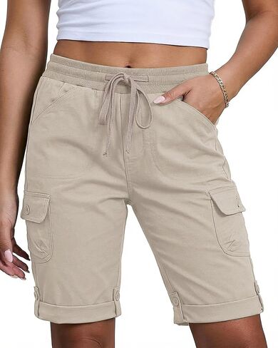 luvamia Bermuda Shorts for Women Knee Length Pull On Elasitc Waist High Rise Fold Hem Casual Summer Chino Cargo Shorts in Saudi Arabia