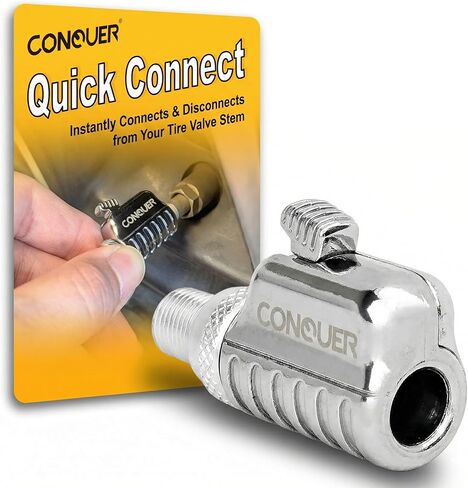 ظرف هواء للإطارات سريع التوصيل من CONQUER - محول صمام شريدر مفتوح التدفق ذو قبضة تلقائية حاصل على براءة اختراع، إصدار بزر واحد، دوران 360 درجة للسيارة والشاحنة والمركبات الترفيهية ومنفاخات الدراجة in Kuwait