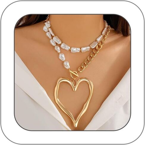 Y2k Heart Statement Necklaces for Women,Gold Stacked Large Heart Pendant Choker Necklaces,Trendy Baroque Pearl Beaded Layered Necklaces Jewelry Gifts in Saudi Arabia