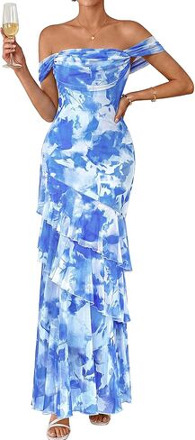 PRETTYGARDEN Women's Formal Cocktail Maxi Dresses 2026 Summer Off Shoulder Floral Mesh Bodycon Spring Wedding Guest Dress in Saudi Arabia