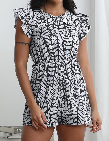 Women's Patterned Romper with Ruffle Sleeves and Waist Tie Casual Summer Dress in Saudi Arabia