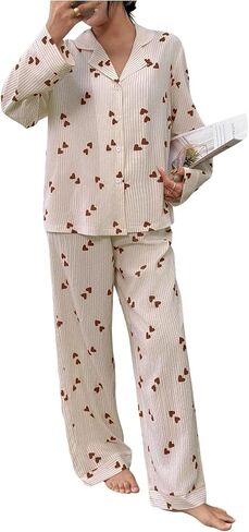 Verdusa Women's 2 Piece Striped Heart Pajama Set Collared Button Down Shirts with Pants Fall Pjs in Saudi Arabia