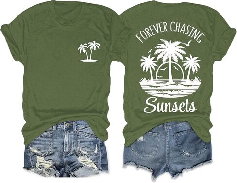 Migxsaf Forever Chasing Sunsets Tshirt Hawaiian Beach Shirts for Women Palm Tree Tropical Shirt Graphic Tees Summer Tops in Saudi Arabia