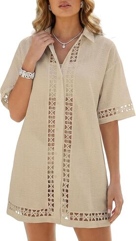 Bsubseach Swimsuit Coverup for Women Boho Beach Bathing Suit Cover Up Shirt Geometric Eyelet Button Down Vacation Outfits in Saudi Arabia