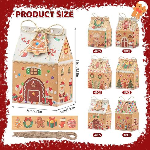 SERENEDWELLING 24 Sets Small Christmas Treat Boxes, Mini Gingerbread Gift Boxes Christmas Candy Goodie Bags with 24 Pcs Greeting Cards and Ropes for Xmas Party Favors Gifts Wrapping in Saudi Arabia