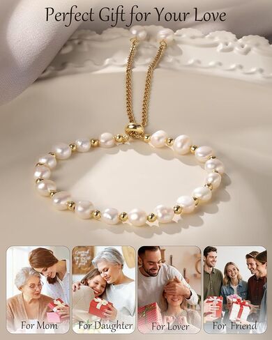 18K Gold Plated Pearl Bracelet Baroque Culture Gold Charm Bracelets for Women Adjustable Fashion Charm Dainty Handmade Jewelry Gifts for Friends, Wives, or Mothers in Saudi Arabia